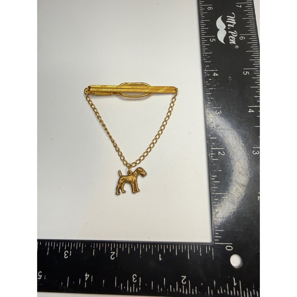 Gold Tone Terrier Dog Charm Tie Clip Etched Bar Men's Accessory